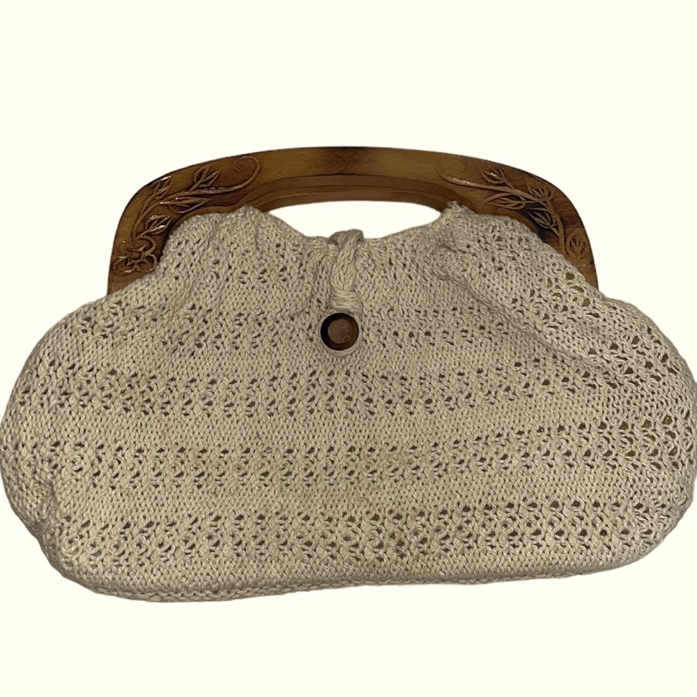 Vintage Crochet Bag with Etched Wood Handles~Hand Made